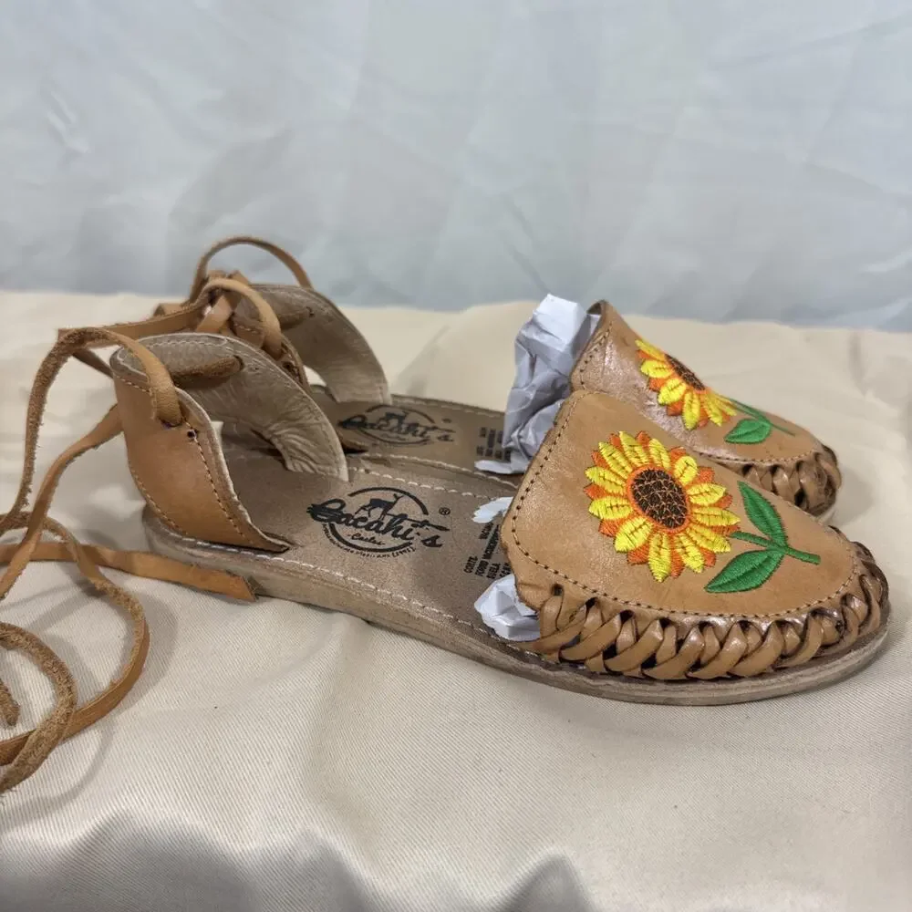 Cacahi’s Youth Size 3 Leather Sunflower Huarache Lace Up Sandals Handmade Boho